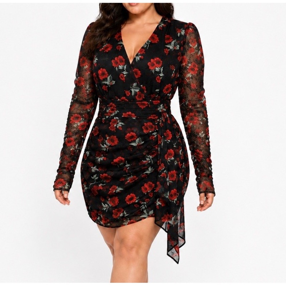 VICI Santa Fe Floral Chiffon Ruched Wrap Mini Dress XL Black Red Romantic NWT